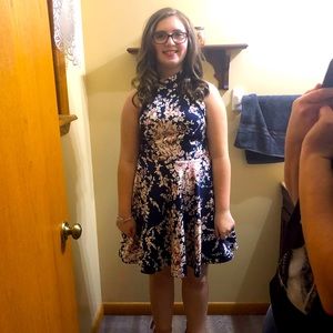 Navy blue, rose and cream junior dress.